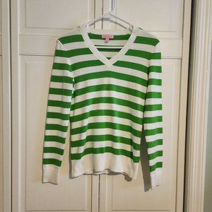 Lilly Pulitzer Green and White Stripe V-Neck Sweater